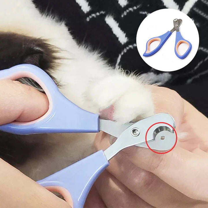 "Kattens säkra nagelklippare med rund håldesign, off-white och lila rosa, för bekvämt och tryggt klippande av klor."