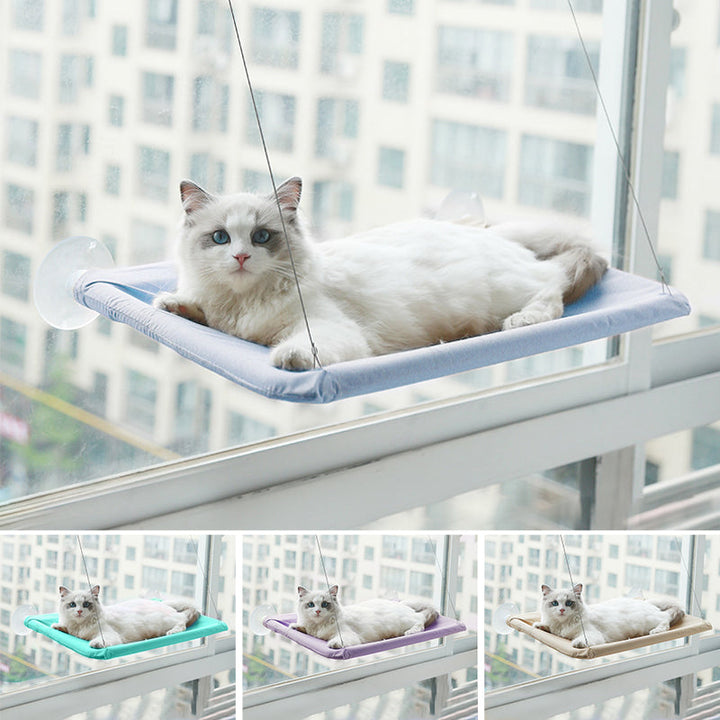 "Kattfönsterhängmatta med stark sugkopp, oxford-duk, grön färg. Perfekt för katter som älskar sol och utsikt."