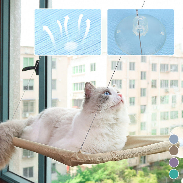 "Kattfönsterhängmatta med stark sugkopp, oxford-duk, grön färg. Perfekt för katter som älskar sol och utsikt."