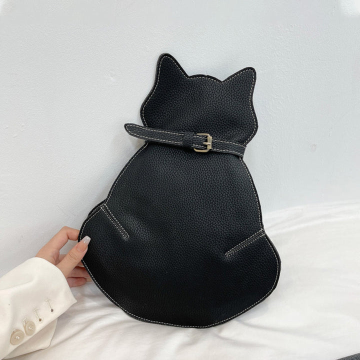 "Kattformad korsväska i svart PU-läder för kvinnor, unikt kattdesign, stilren och rymlig accessoar."