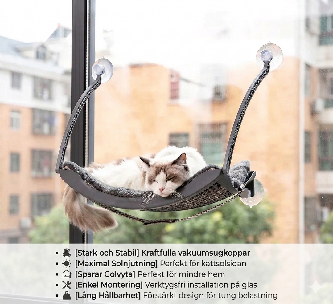 Katthängmatta för fönster, perfekt solplats för din katt. Bekväm viloplats & utsikt för en mysig katt.