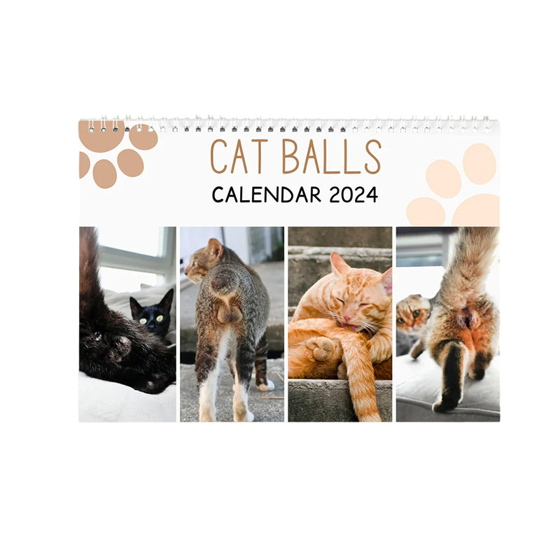 "Kattkalender 2024 med roliga kattmotiv, perfekt presentidé för kattälskare och humorentusiaster."