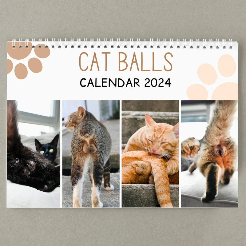 "Kattkalender 2024 med roliga kattmotiv, perfekt presentidé för kattälskare och humorentusiaster."