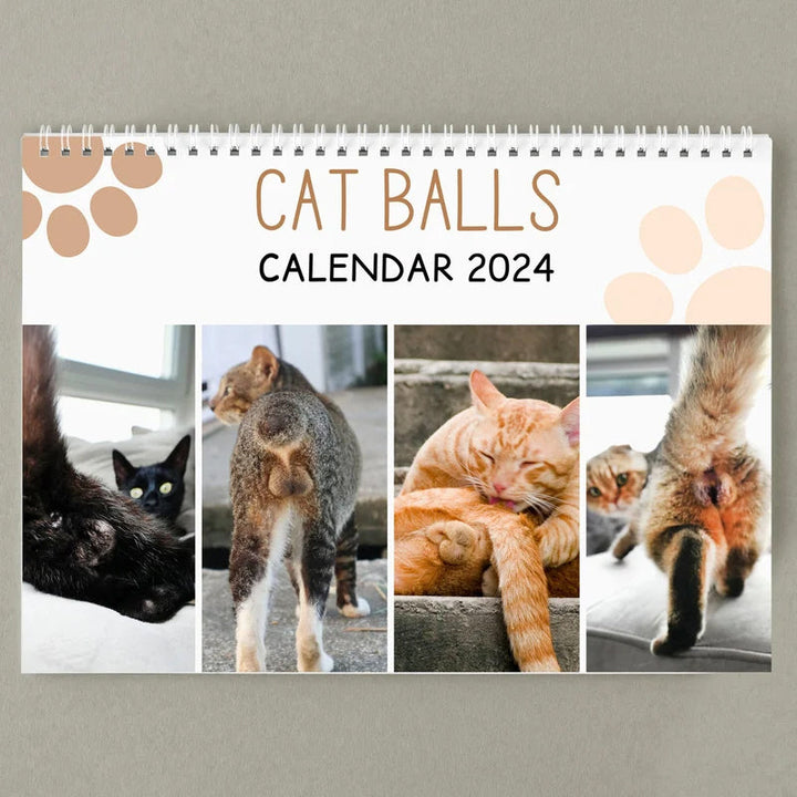 "Kattkalender 2024 med roliga kattmotiv, perfekt presentidé för kattälskare och humorentusiaster."