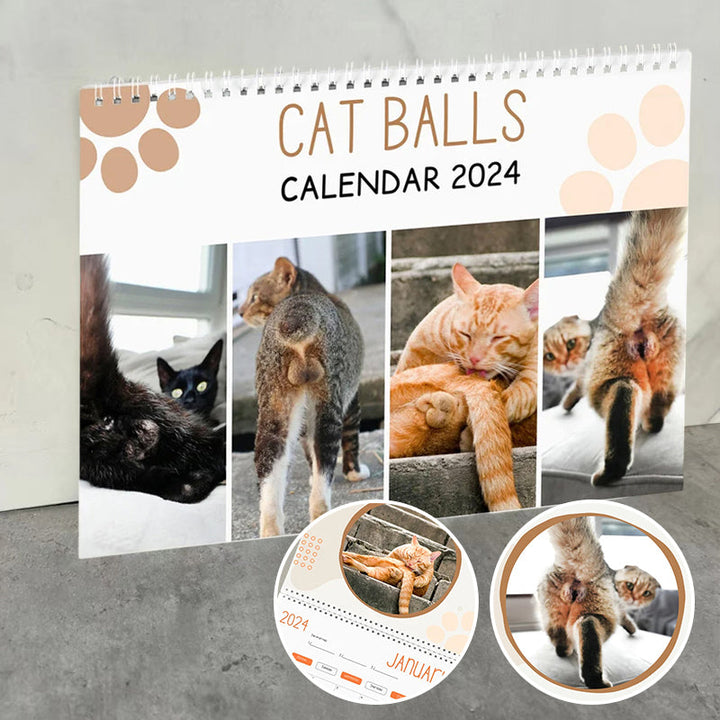 "Kattkalender 2024 med roliga kattmotiv, perfekt presentidé för kattälskare och humorentusiaster."