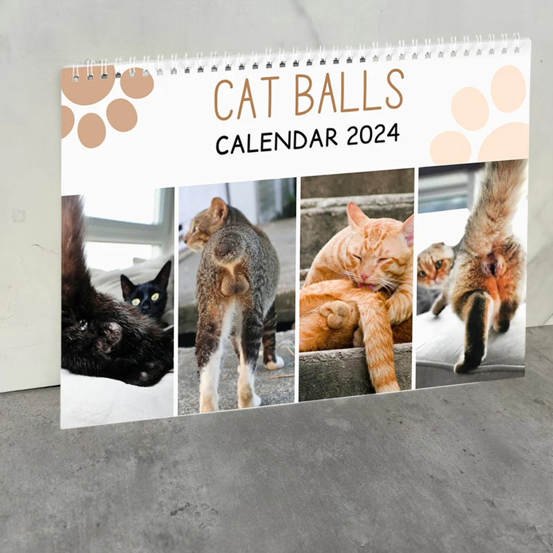 "Kattkalender 2024 med roliga kattmotiv, perfekt presentidé för kattälskare och humorentusiaster."