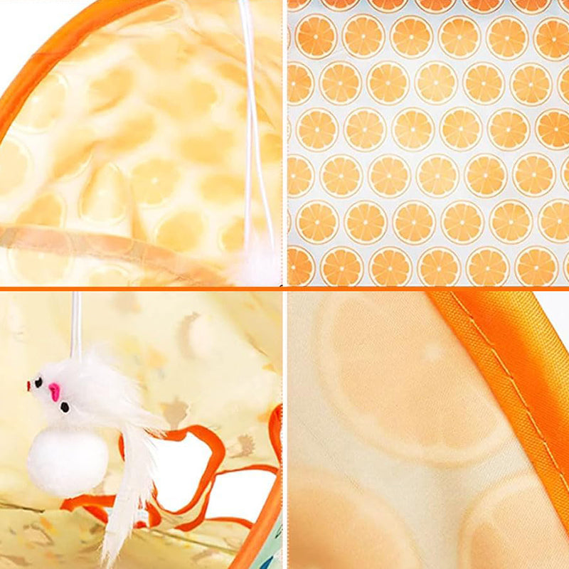 "Kattunnelväska i polyestertaft med hängande leksaker, vikbar och färgglad, idealisk för kattens lek och vila."