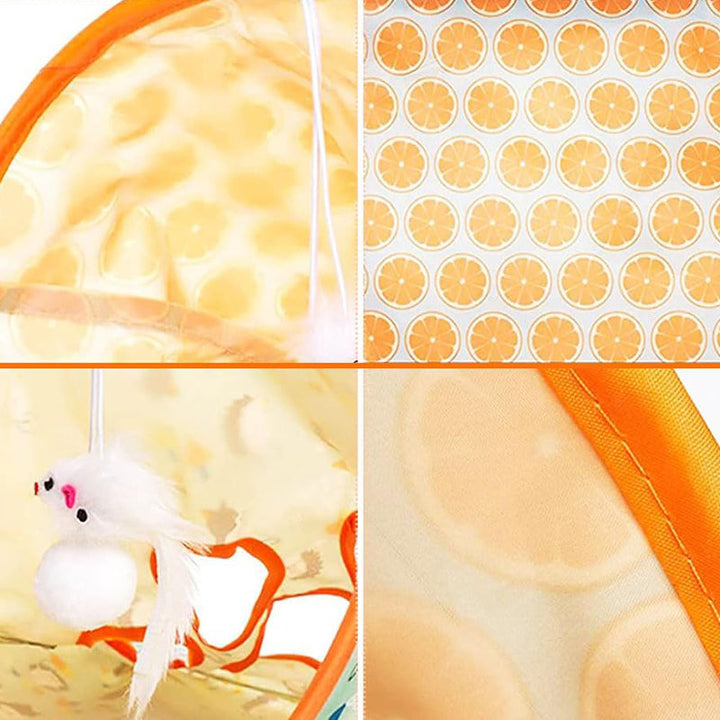 "Kattunnelväska i polyestertaft med hängande leksaker, vikbar och färgglad, idealisk för kattens lek och vila."