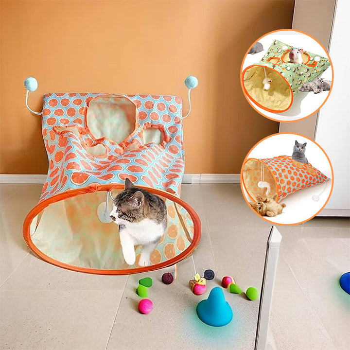 "Kattunnelväska i polyestertaft med hängande leksaker, vikbar och färgglad, idealisk för kattens lek och vila."