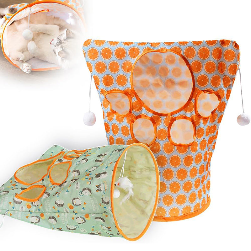 "Kattunnelväska i polyestertaft med hängande leksaker, vikbar och färgglad, idealisk för kattens lek och vila."