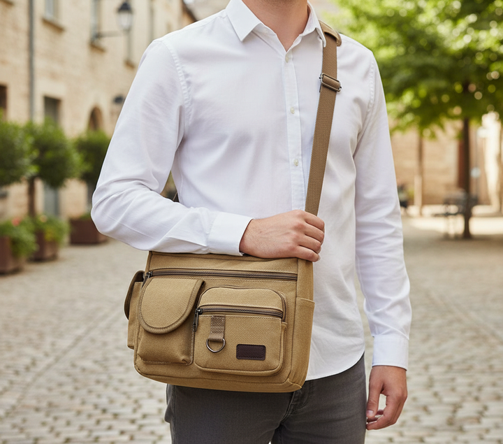 Khaki canvas axelremsväska/messengerbag, rymlig unisex design perfekt som arbets-, skol- eller vardagsväska.
