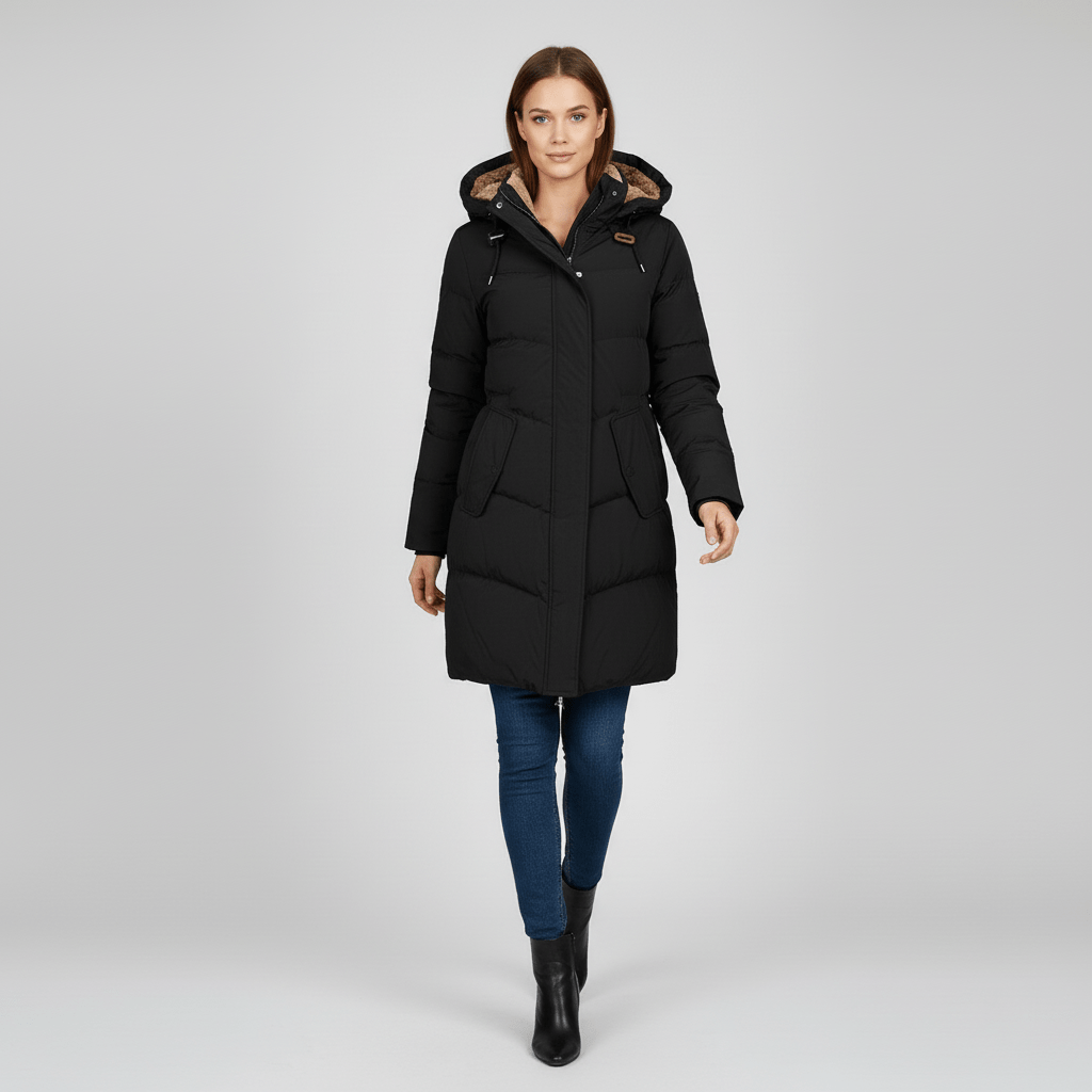 Elegant grön dam parkas med justerbar huva. En snygg och praktisk vinterjacka.