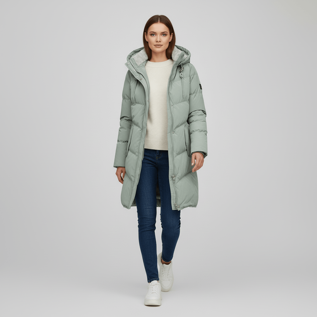 Dam vinterparka i khaki, med huva och dragkedja. Idealisk för damkläder vinter.