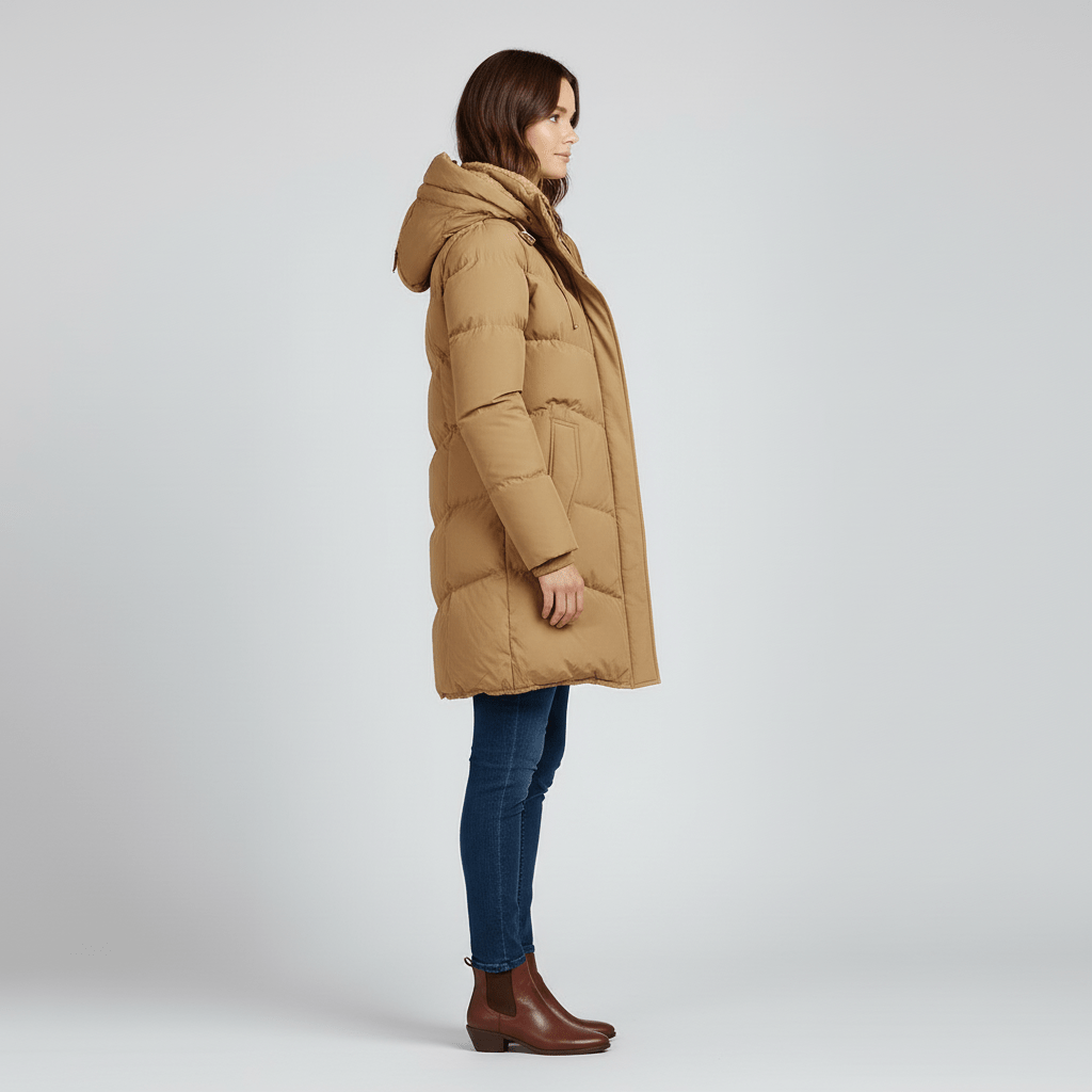 Grön figursydd dam parkas med huva. Ett bekvämt och varmt ytterplagg för dam.