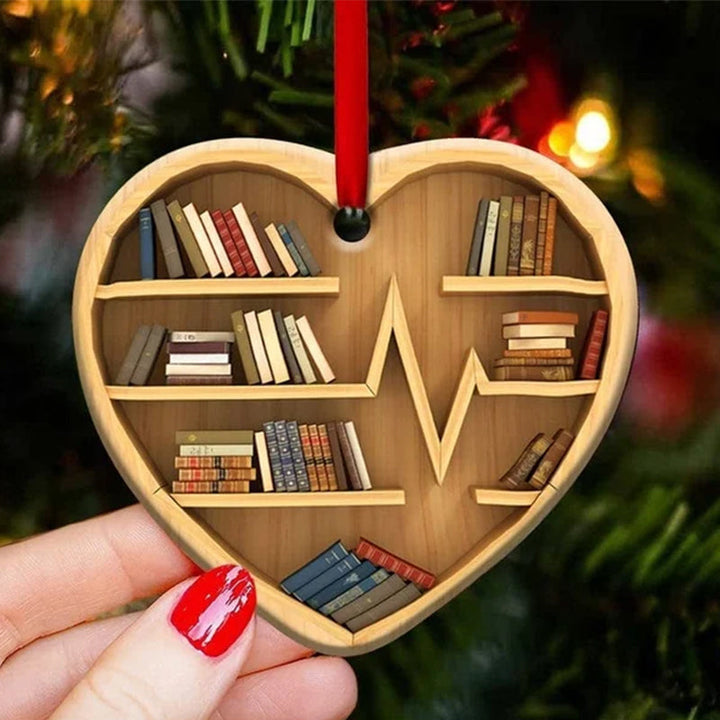 "Klassisk Bokälskares Hjärta Julprydnad i akryl, hjärtformad, med boktema och guldtonad upphängning, 12x10 cm."