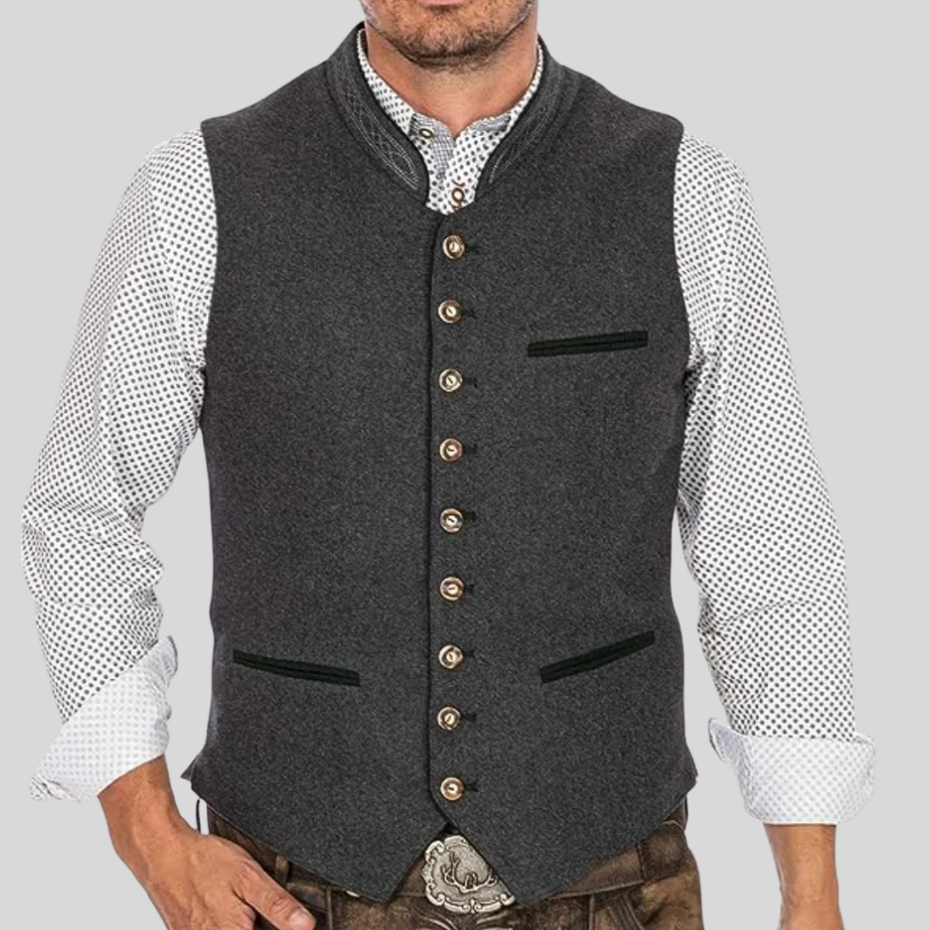 Klassisk herr trachtenväst i bayersk stil med elegant jacquardbroderi, perfekt för festkläder och stilren vardag.