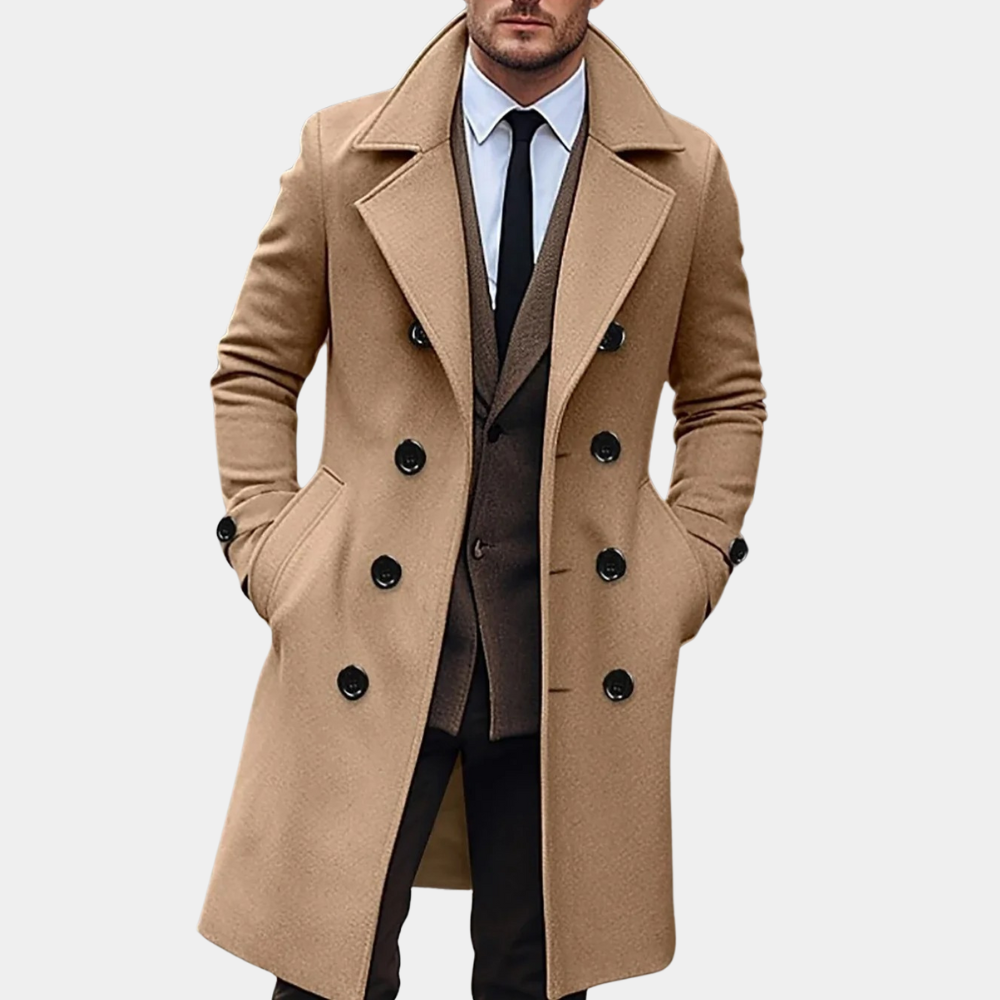Elegant svart herrkappa i peacoat-stil. Varm vinterjacka för stilfullt vintermode.