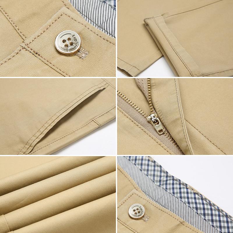 "Klassiska raka byxor för män i khaki, bomullsmaterial, eleganta raka ben och praktiska sidofickor."