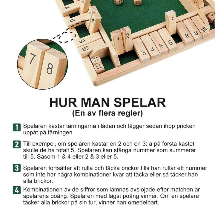 "Klassiskt träbrädspel i furu med två tärningar, perfekt för familjesammankomster och matematiskt lärande för barn."