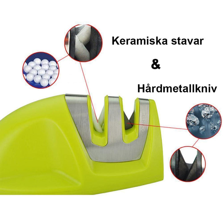 "Knivslipare med dubbel funktion i röd, svart och grön. Kompakt design, effektiv slipning, säker användning."