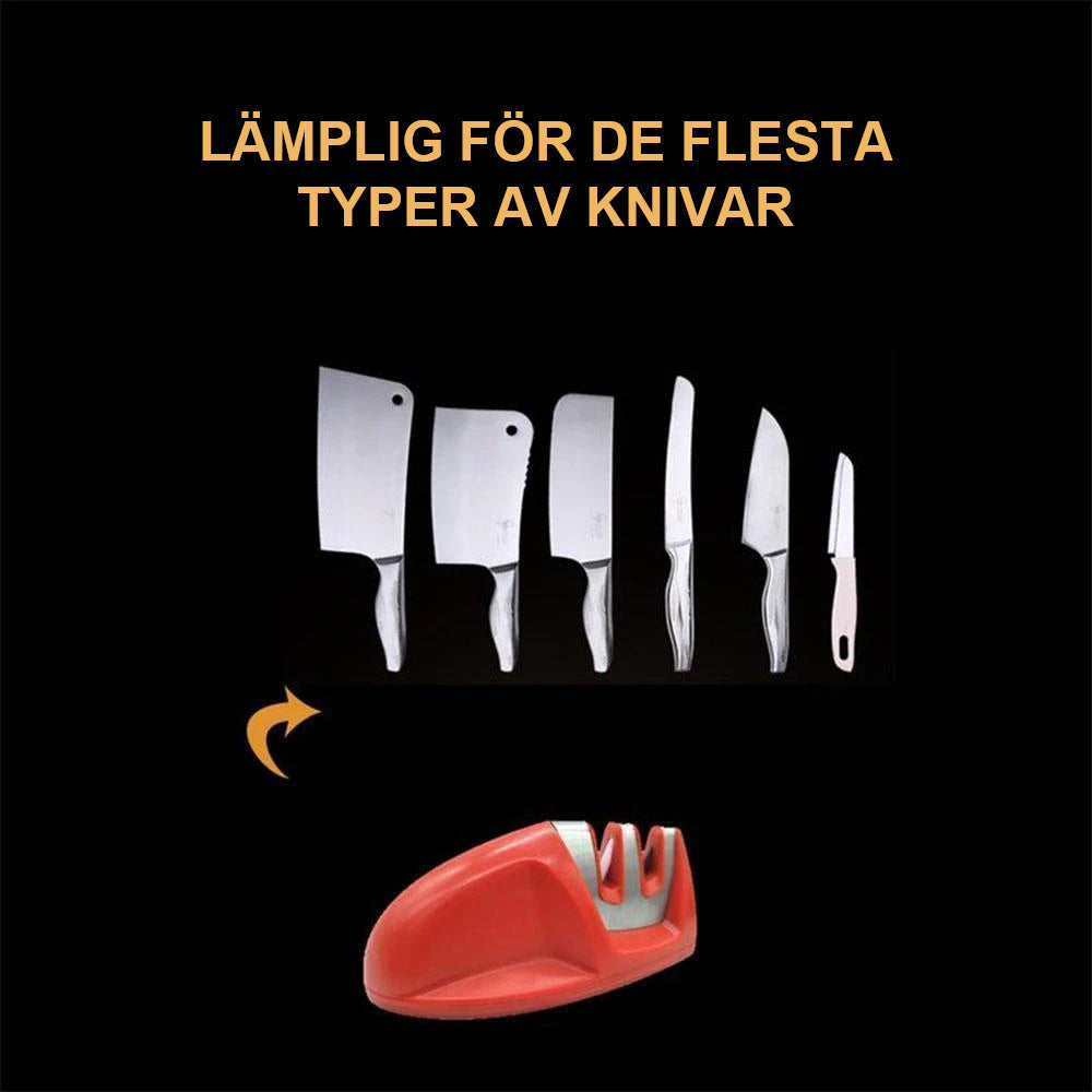 "Knivslipare med dubbel funktion i röd, svart och grön. Kompakt design, effektiv slipning, säker användning."