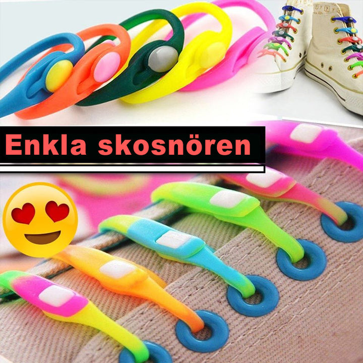 "Knytfria silikon skosnören i färgglada nyanser, elastiska och vattentäta, för unisex skor med öljetter."