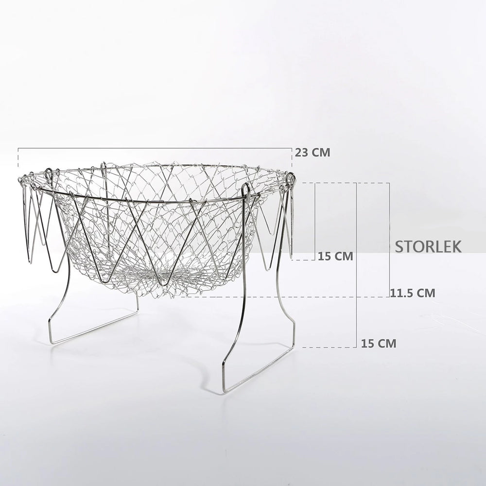 "Kockkorg i rostfritt stål med stilren design, perfekt för kokning, fritering och ånga i köket, 12x16x23 cm."
