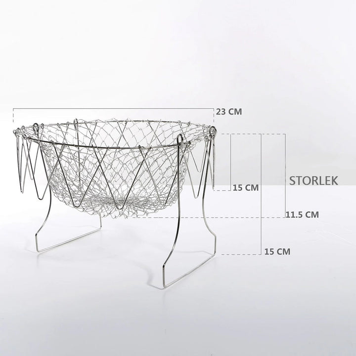 "Kockkorg i rostfritt stål med stilren design, perfekt för kokning, fritering och ånga i köket, 12x16x23 cm."