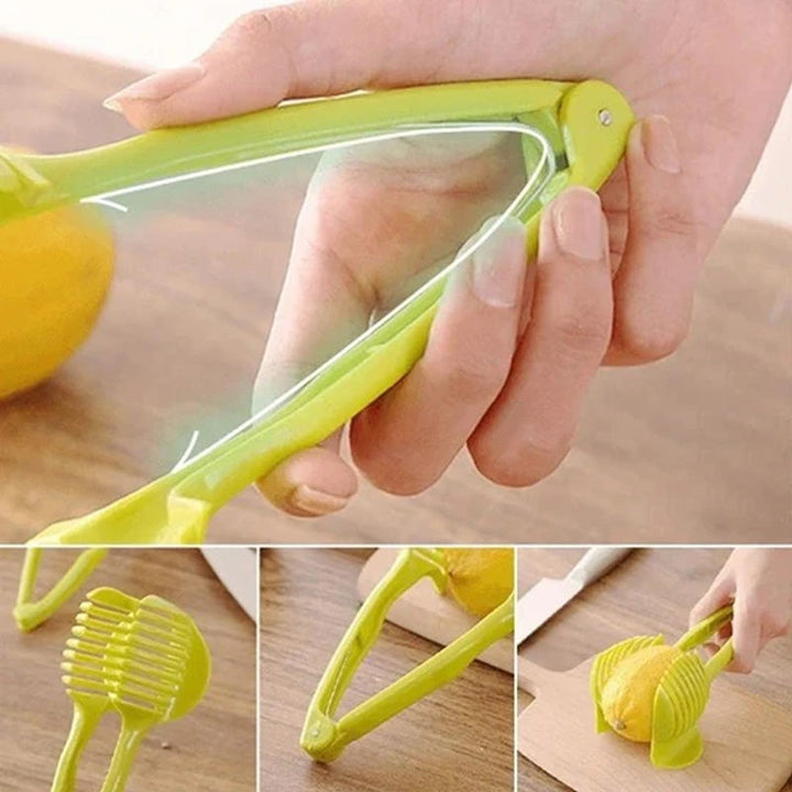 "Köksskärare i grön och svart ABS-plast, ergonomiska handtag, skär frukt och grönsaker snabbt och säkert."