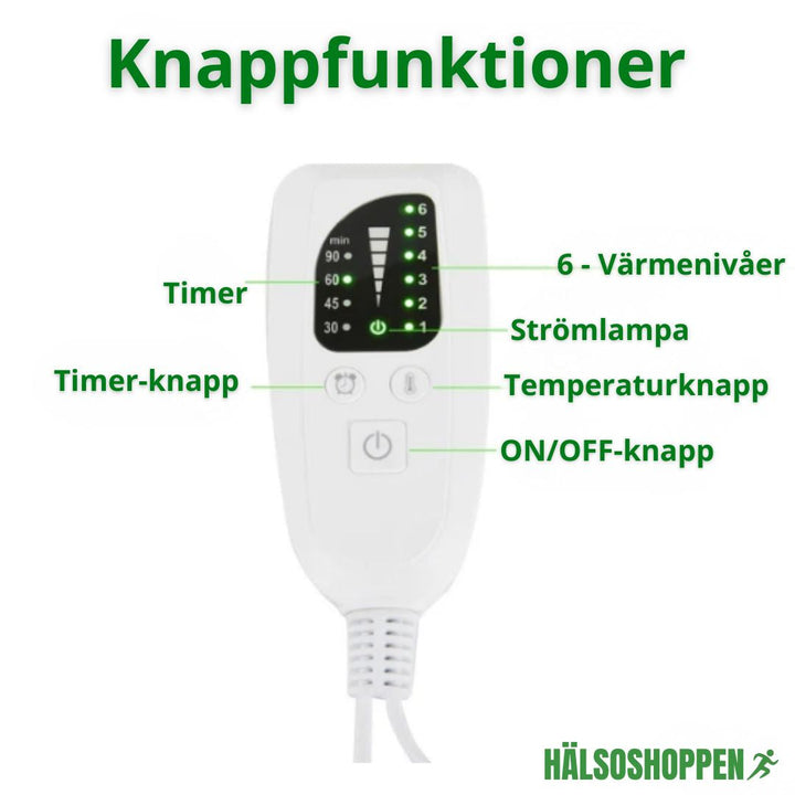 Värmedyna med justerbar timer för rygg och kropp. Ger skön värme för muskelavslappning och ökad komfort.