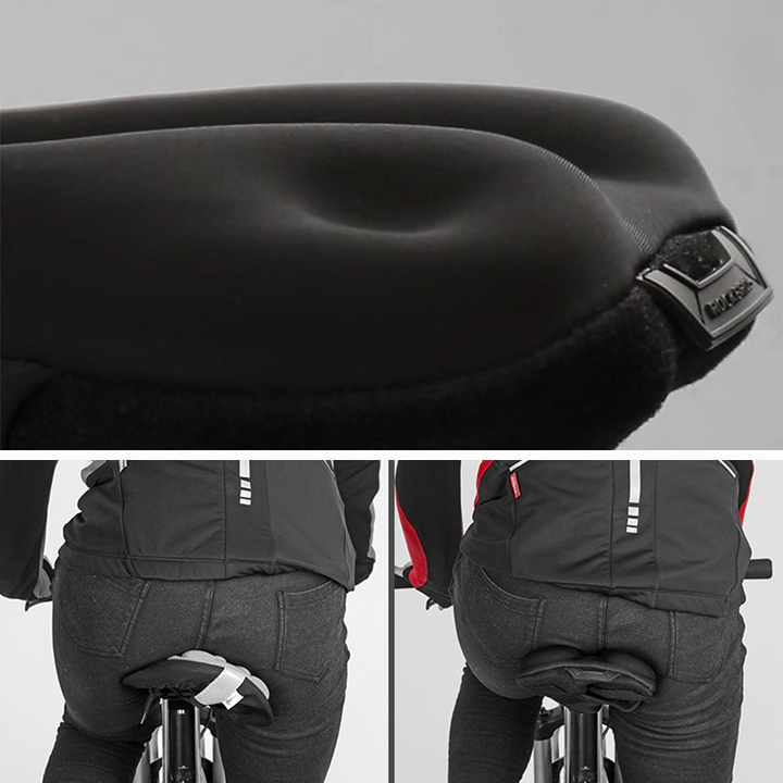 "Komfortabelt cykelsadelöverdrag av gel och memory foam för stötdämpning, svart med blått, perfekt för cykelturer."