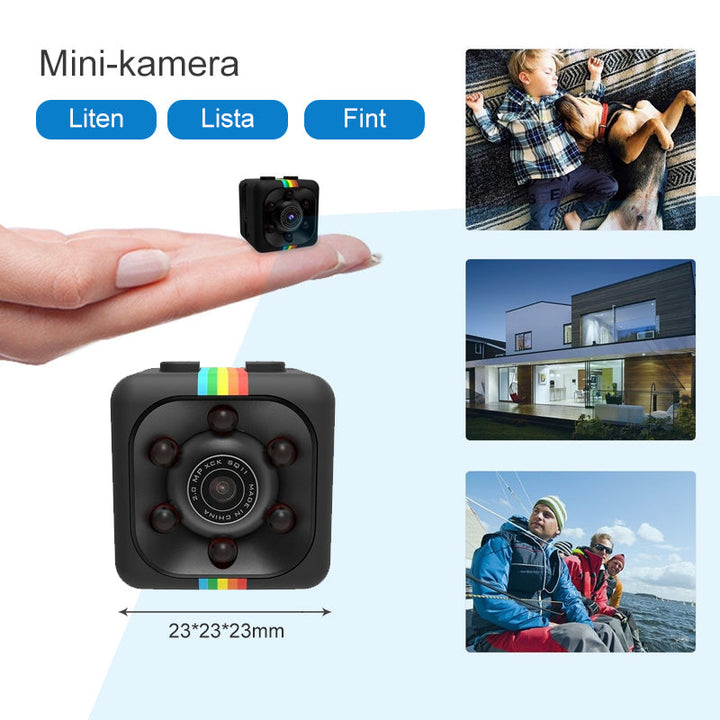 "Kompakt 1080P mini-övervakningskamera i svart med IR Night Vision och rörelsedetektering för säkerhet dygnet runt."