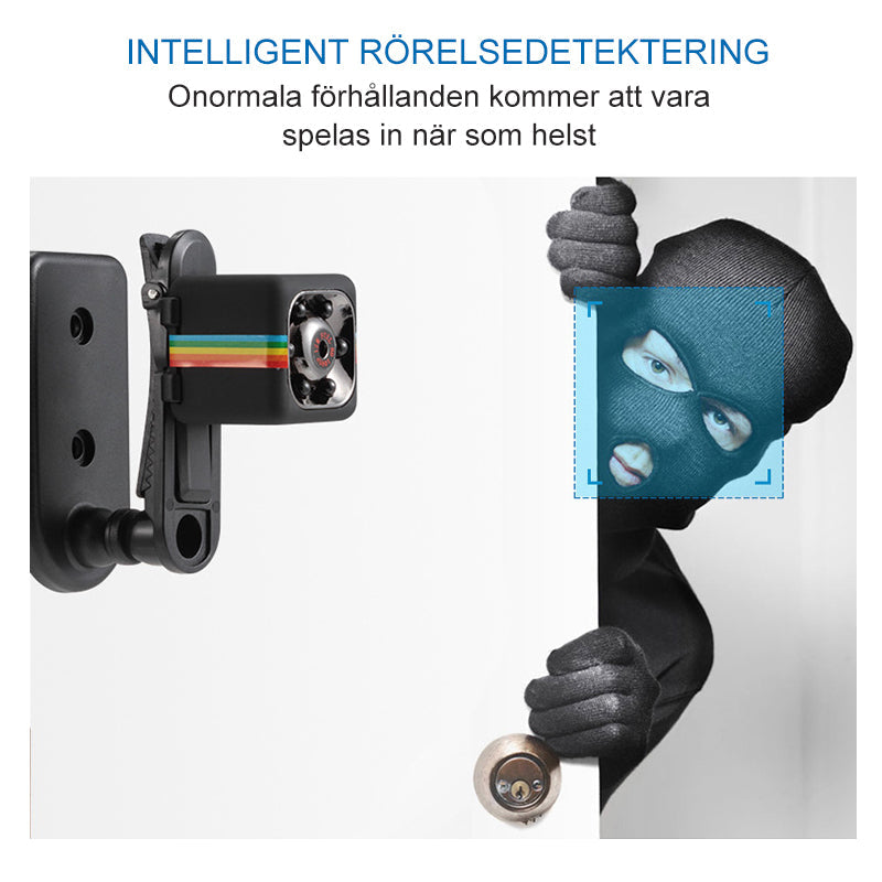"Kompakt 1080P mini-övervakningskamera i svart med IR Night Vision och rörelsedetektering för säkerhet dygnet runt."