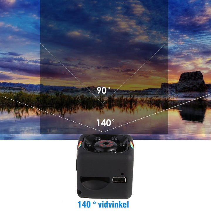 "Kompakt 1080P mini-övervakningskamera i svart med IR Night Vision och rörelsedetektering för säkerhet dygnet runt."