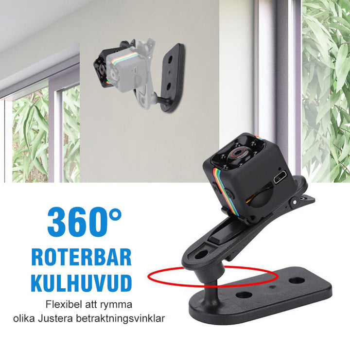 "Kompakt 1080P mini-övervakningskamera i svart med IR Night Vision och rörelsedetektering för säkerhet dygnet runt."