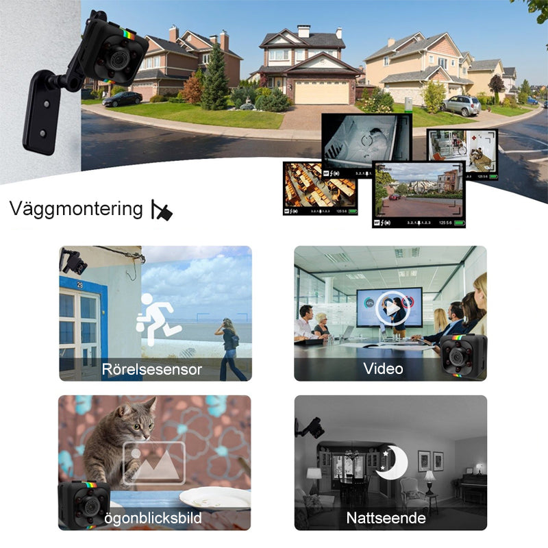 "Kompakt 1080P mini-övervakningskamera i svart med IR Night Vision och rörelsedetektering för säkerhet dygnet runt."