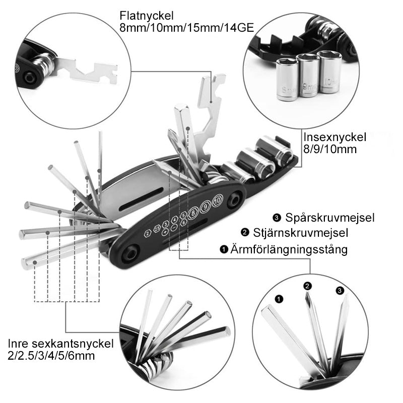 "Kompakt 12 i 1 cykelverktyg i svart kolstål för enkel bärbarhet och hållbara reparationer."