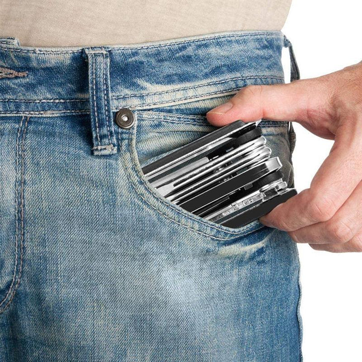 "Kompakt 12 i 1 cykelverktyg i svart kolstål för enkel bärbarhet och hållbara reparationer."