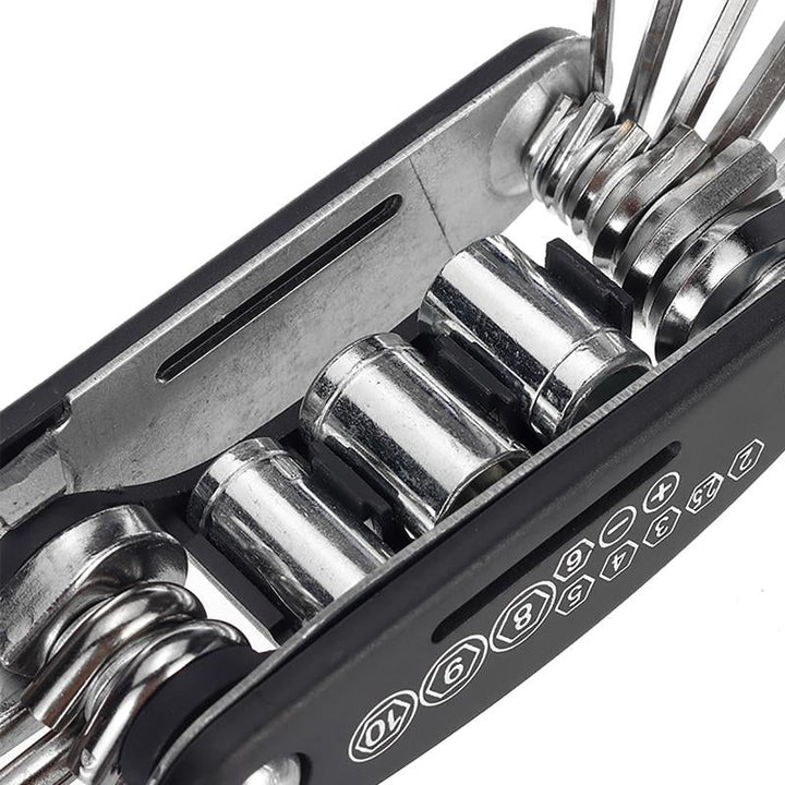 "Kompakt 12 i 1 cykelverktyg i svart kolstål för enkel bärbarhet och hållbara reparationer."