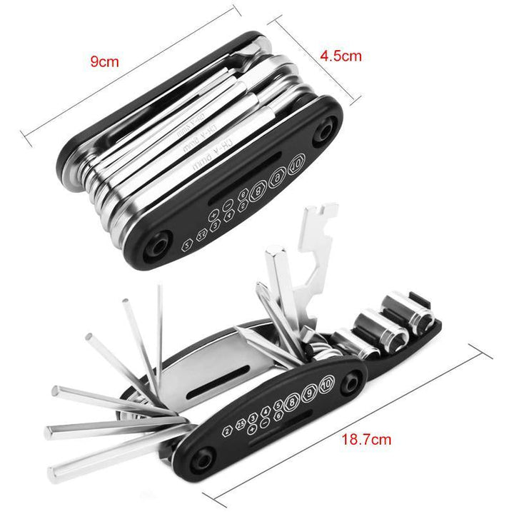 "Kompakt 12 i 1 cykelverktyg i svart kolstål för enkel bärbarhet och hållbara reparationer."
