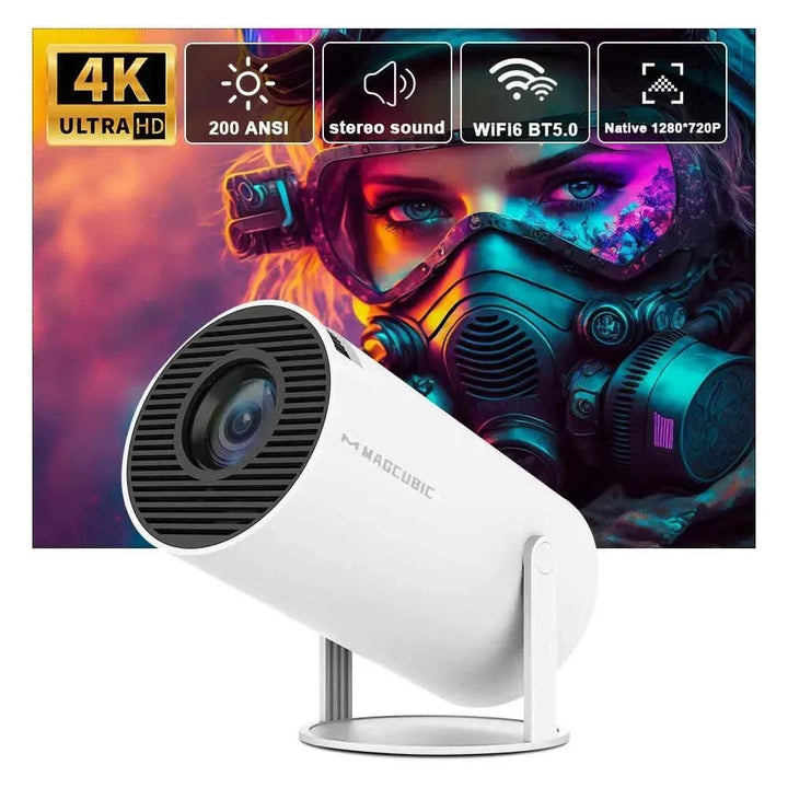 Bärbar smartprojektor för hemmabio med 4K-upplösning, kompakt design och enkel att flytta.