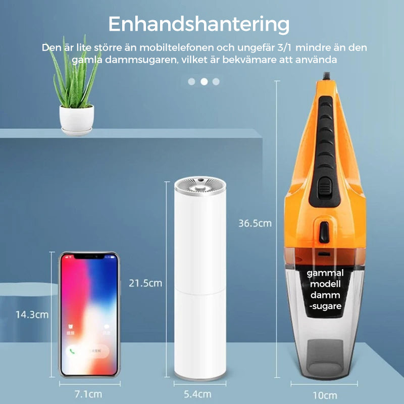 "Kompakt bärbar handdammsugare med kraftig sugning, perfekt för bilinteriörstädning. Svart design med mångsidiga munstycken."
