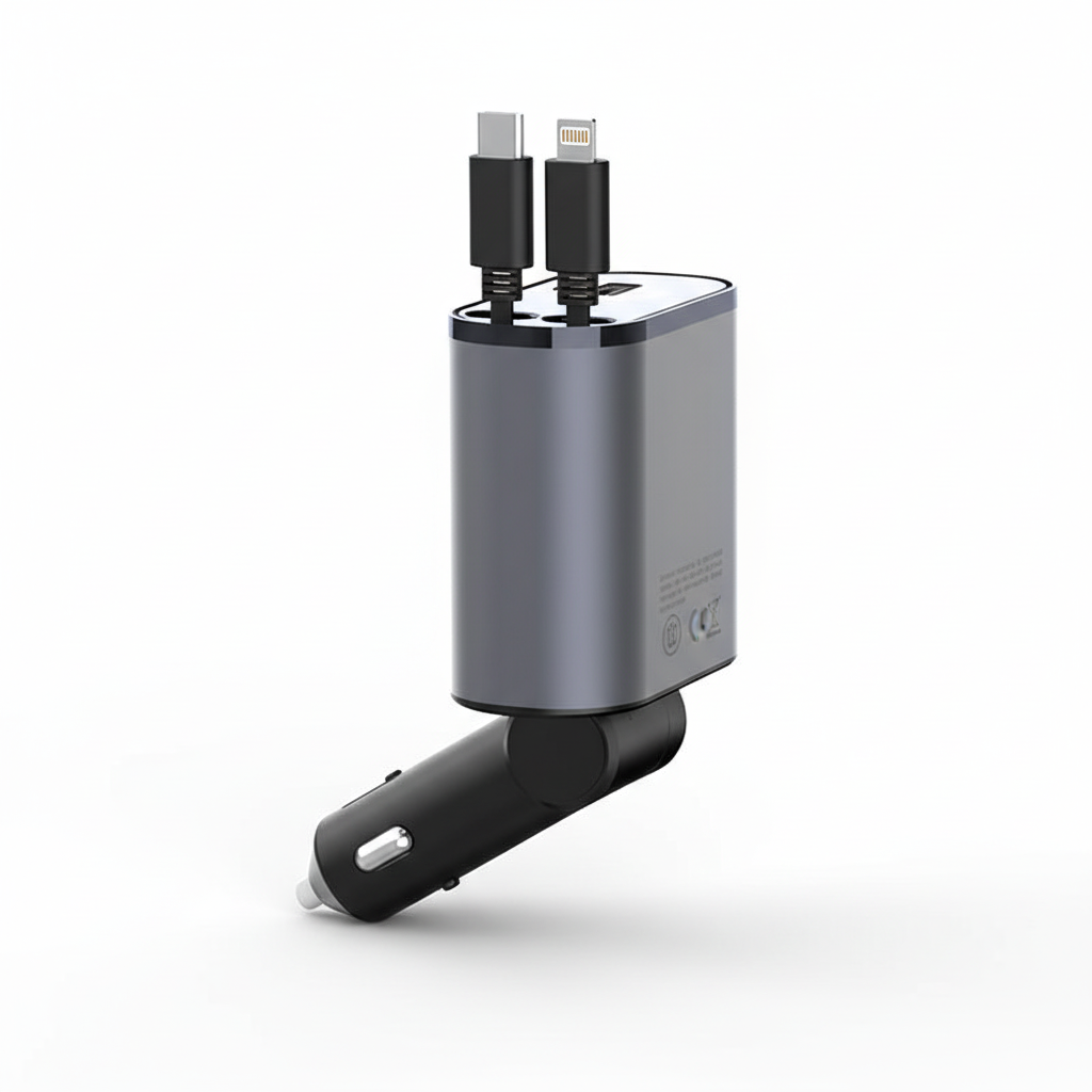 USB-laddare för bil med smart infällbar kabel, snabbladdning för alla telefoner & fordonstillbehör.
