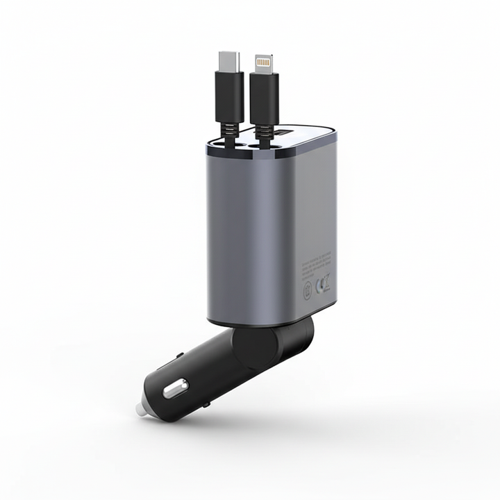 USB-laddare för bil med smart infällbar kabel, snabbladdning för alla telefoner & fordonstillbehör.