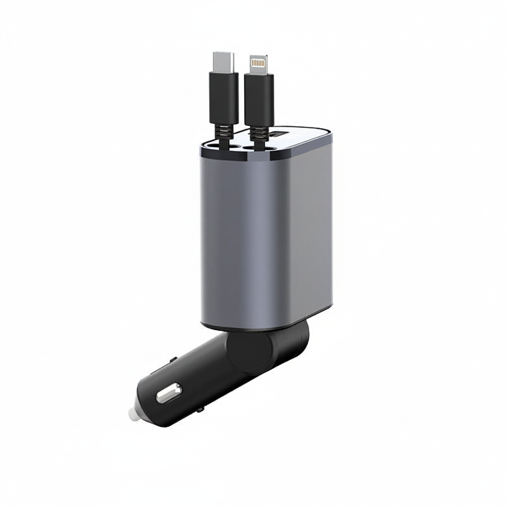 Smidig telefonladdare för bil, infällbar kabel eliminerar trassel. Kompakt USB-laddare för fordon.