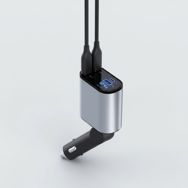Liten, effektiv billaddare. Infällbar kabel förhindrar trassel. Snabbladdning för alla telefoner.