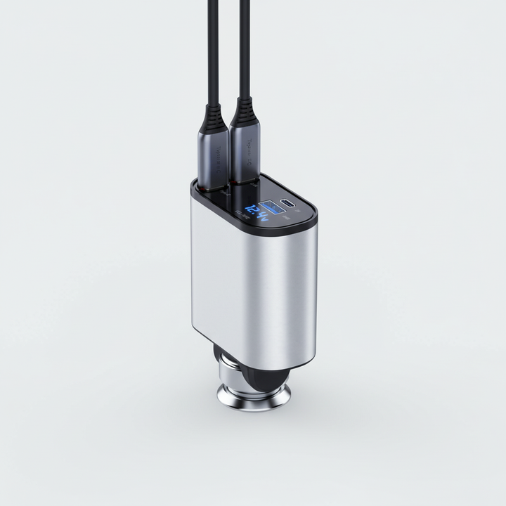 Portabel bil-laddare med infällbar kabel. Universal telefonladdare för snabb och kompakt billaddning.
