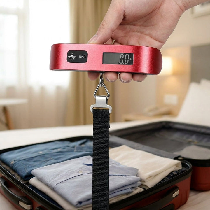 Kompakt digital bagagevåg för exakt viktmätning av resväskor, undvik övervikt på flyget.