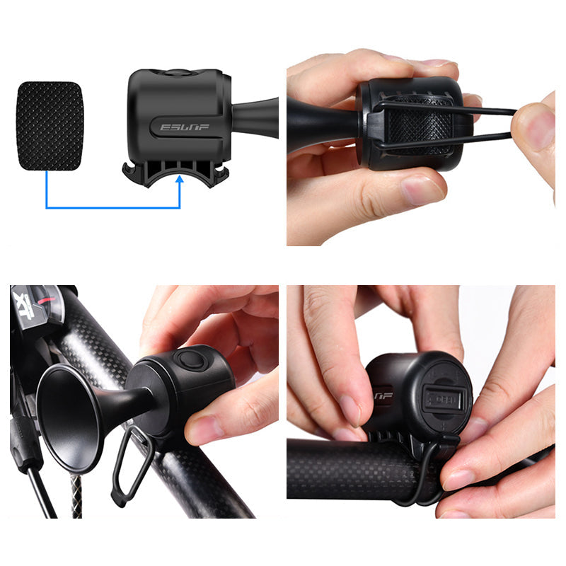 "Kompakt elektrisk cykelhorn, 120dB, vattentät, lätt installerad, i olika färger, perfekt för pendling och säkerhet."