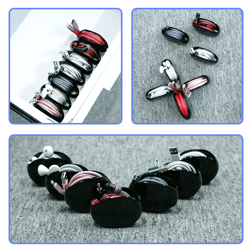 "Kompakt kabelhanterare i flera färger, perfekt för resor, håller kablar organiserade och skyddar mot smuts samt skador."